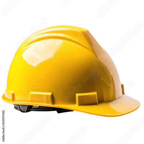 A bright yellow construction helmet placed on a white background, symbolizing safety in construction environments