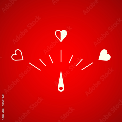 Love meter in speedometer design, vector illustration with mid score on the red background