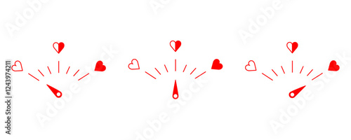 Love meter in speedometer design, set of vector illustration with low, mid and high score on the white background