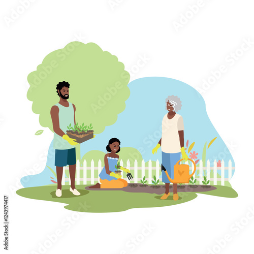 Happy people planting seedlings in their garden. Healthy lifestyle. Agricultural work. Vector illustration.