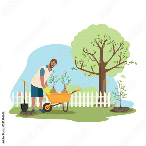 Happy people planting seedlings in their garden. Healthy lifestyle. Agricultural work. Vector illustration.