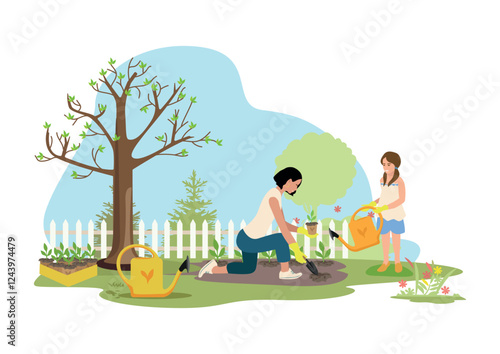 Happy people planting seedlings in their garden. Healthy lifestyle. Agricultural work. Vector illustration.