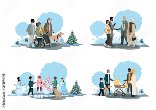 People of different ages and nationalities walk in the winter park. Families with children, elderly and young couples, friends spend time together. Set vector horizontal illustration.