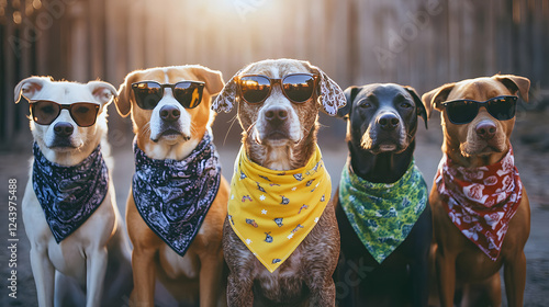 A group of stylish dogs posing together, each wearing sunglasses and colorful bandanas. The five dogs stand in a row, exuding confidence and charm in an outdoor setting with a warm sunlight glow in th