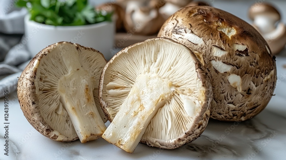Fresh sliced mushrooms on marble countertop with herbs in background Fresh sliced mushrooms on marble countertop with herbs in background