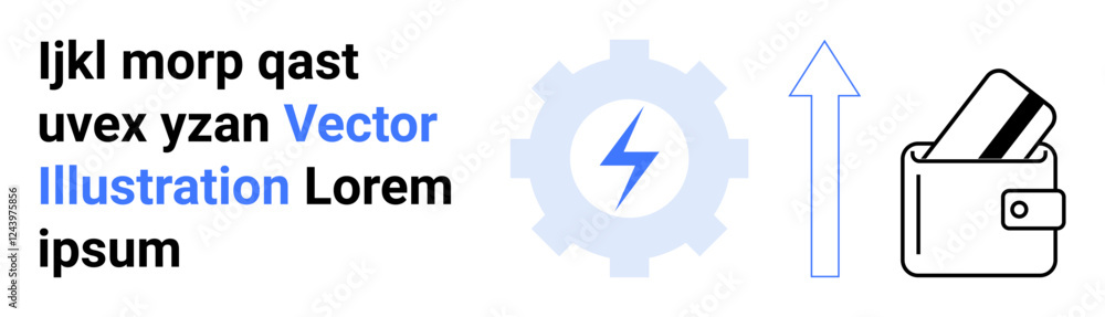 Gear with lightning bolt, upward arrow, wallet with credit cards. Ideal for technology, finance, growth, development, business solutions innovation technical upgrades success. Landing page Gear with lightning bolt, upward arrow, wallet with credit cards. Ideal for technology, finance, growth, development, business solutions innovation technical upgrades success. Landing page