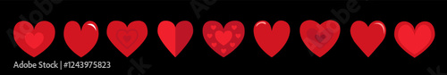 Red heart icon set. Happy Valentines day. Different shape, pattern. Love sign symbol simple template. Greeting card. Decoration element. Square composition. Flat design. Black background. Vector