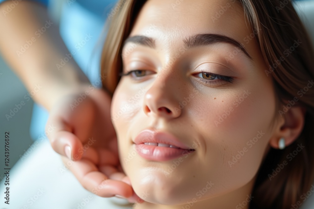 A Close-Up View of a Young Woman Enjoying a Relaxing Facial Treatment in a Spa Setting, Focused on Her Smooth Skin and Natural Beauty A Close-Up View of a Young Woman Enjoying a Relaxing Facial Treatment in a Spa Setting, Focused on Her Smooth Skin and Natural Beauty