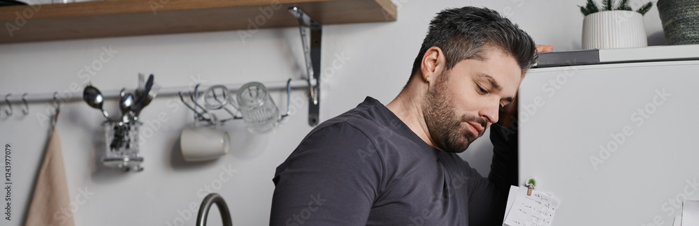 Fototapeta premium Handsome man thoughtfully organizing notes in a modern kitchen while enjoying the quiet moment