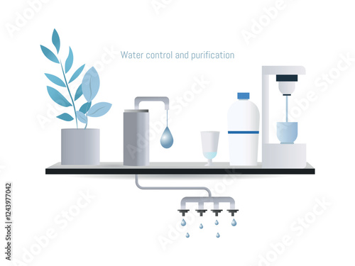Illustration of water purification and control, featuring filters, faucets, and storage, highlighting the importance of potable and sustainable water.