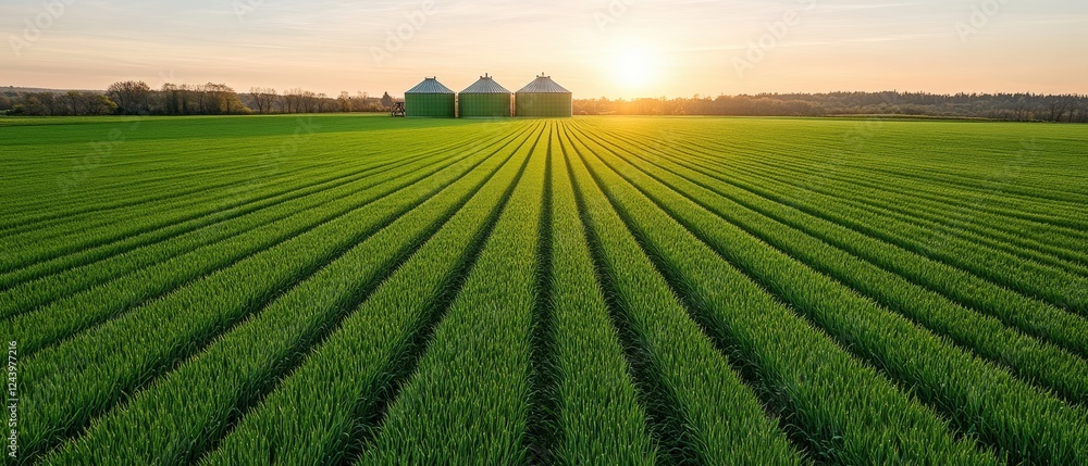 Rural landscape featuring a barn surrounded by a green field under a clear blue sky Rural landscape featuring a barn surrounded by a green field under a clear blue sky