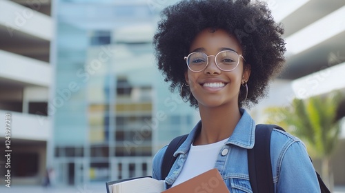 estudante usando oculos,, menina, negra com cabelo cacheado afro, usando jaqueta jeans,  segurando livros e cadernos.
