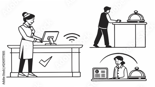 Reception desk line icon set. Containing receptionist, hotel bell, customer service