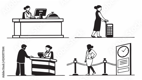 Reception desk line icon set. Containing receptionist, hotel bell, customer service