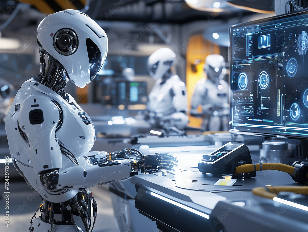 Fototapeta premium Futuristic Robot Working in High-Tech Lab