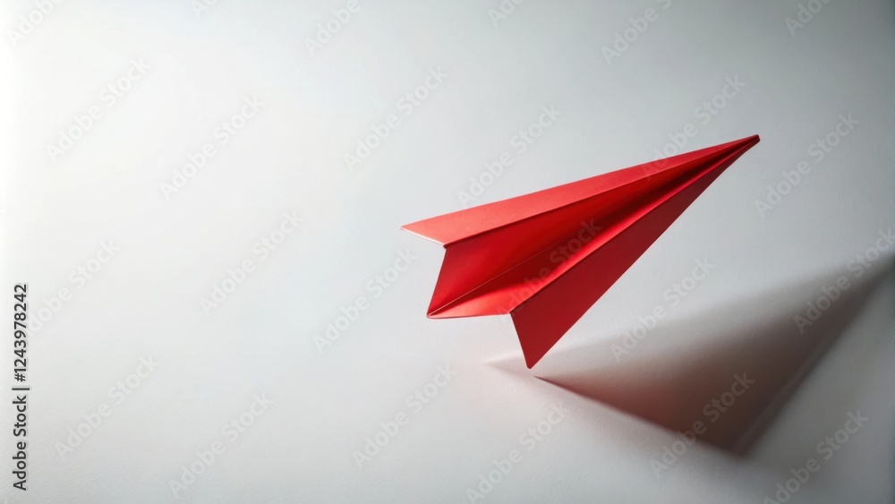 A Red Paper Airplane in Flight, Casting a Shadow on a White Surface A Red Paper Airplane in Flight, Casting a Shadow on a White Surface