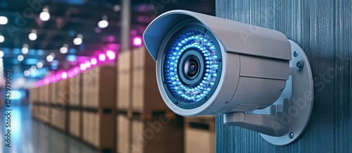 Beige Security Camera with Blue LEDs Mounted on Gray Wall in