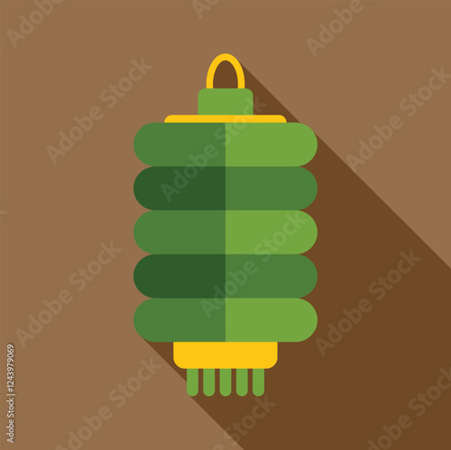 Cylindrical green chinese paper lantern hanging, casting a long shadow on a brown background, in a flat design style