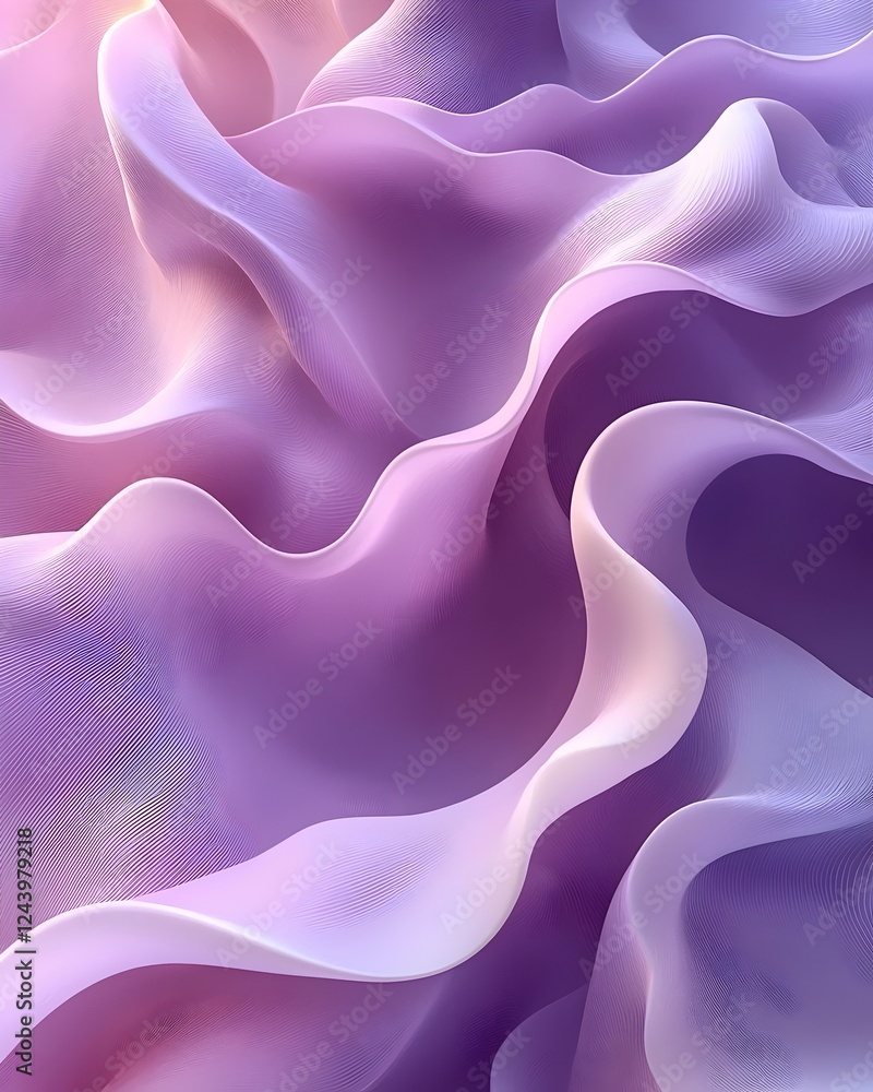 Obraz premium A mesmerizing close-up of flowing pastel fabric in shades of lavender and soft pink, creating a serene and ethereal atmosphere with graceful curves and waves.