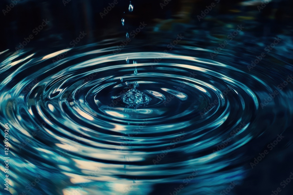 Tranquil Water Droplet Creating Ripples in Dark Liquid Surface at Night. Tranquil Water Droplet Creating Ripples in Dark Liquid Surface at Night.