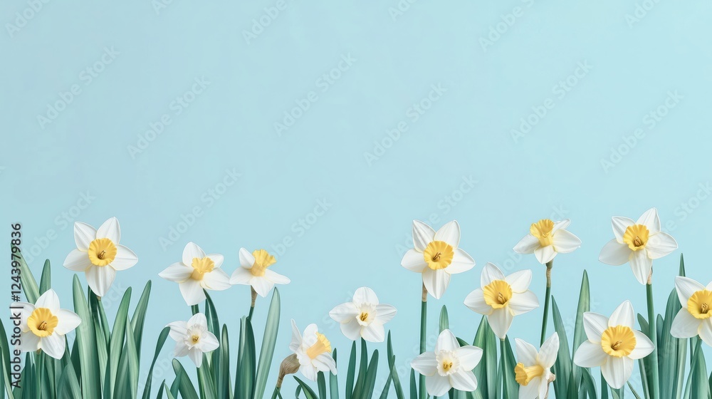 Fototapeta premium A soft, pastel blue background with delicate daffodils blooming at the edges, creating a fresh and airy springtime feel.
