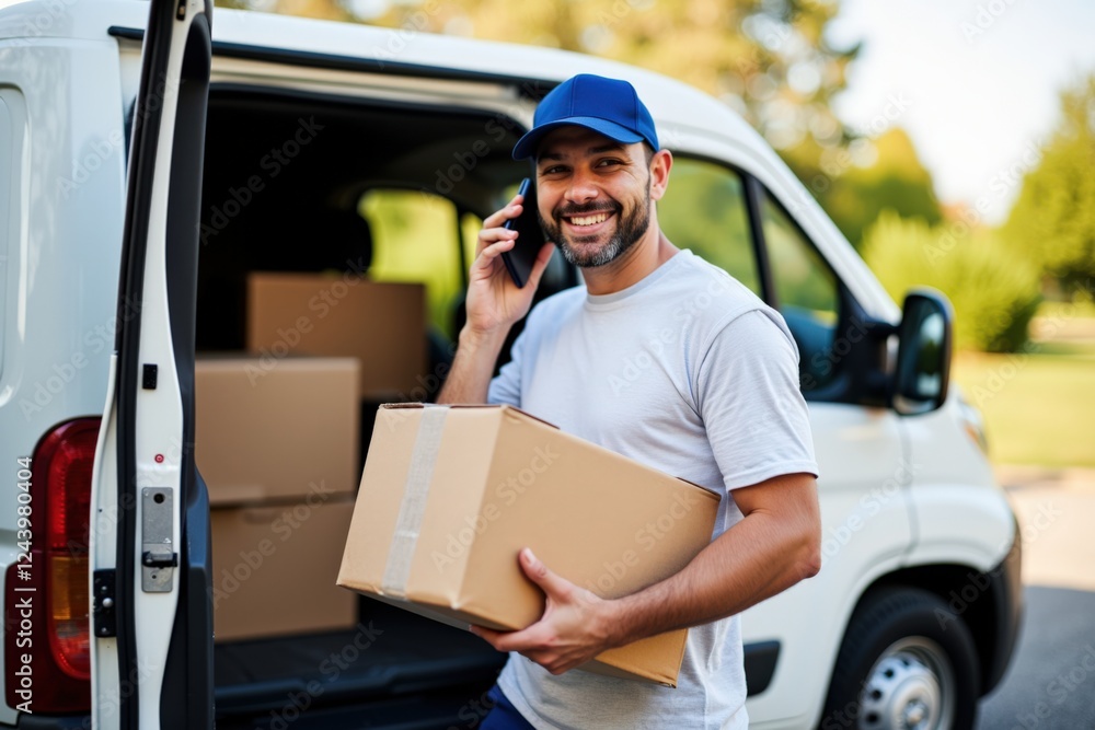 A Delivery Man Loading Packages Into a Van While Talking on the Phone in a Sunny Outdoor Setting