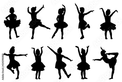 Children silhouettes. Ballet dancing little girls set, vector illustration.	
