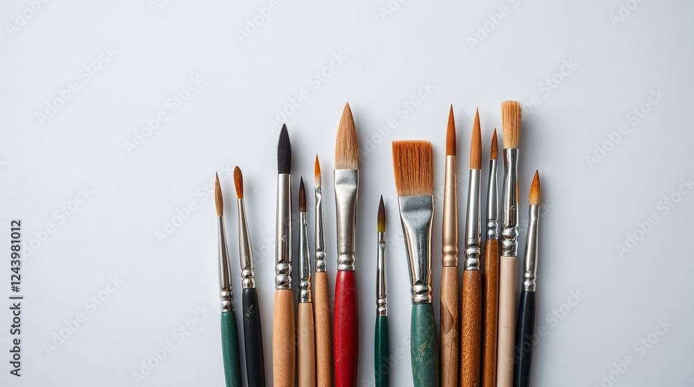 Obraz premium Different paint brushes forming a row on white background