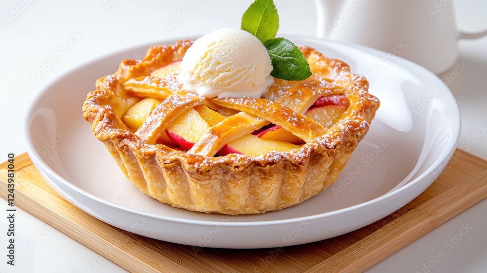 Golden Apple Pie with Vanilla Ice Cream and Mint Garnish Golden Apple Pie with Vanilla Ice Cream and Mint Garnish