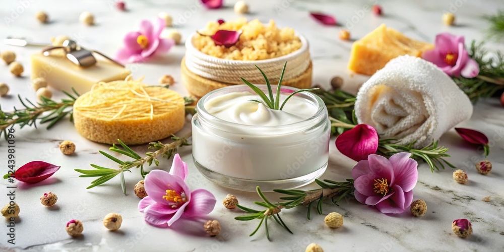 Natural Spa Essentials with Cream, Scrub, and Floral Accents Natural Spa Essentials with Cream, Scrub, and Floral Accents