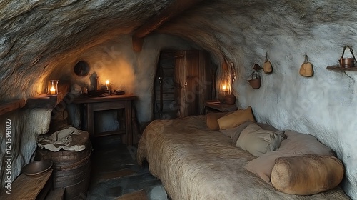 Cave dwelling rustic bedroom with candlelight ambiance