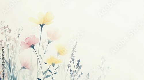 A painting of a field of flowers with a white background