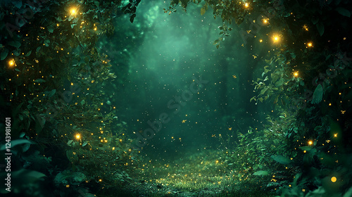 Enchanted forest frame with glowing fireflies