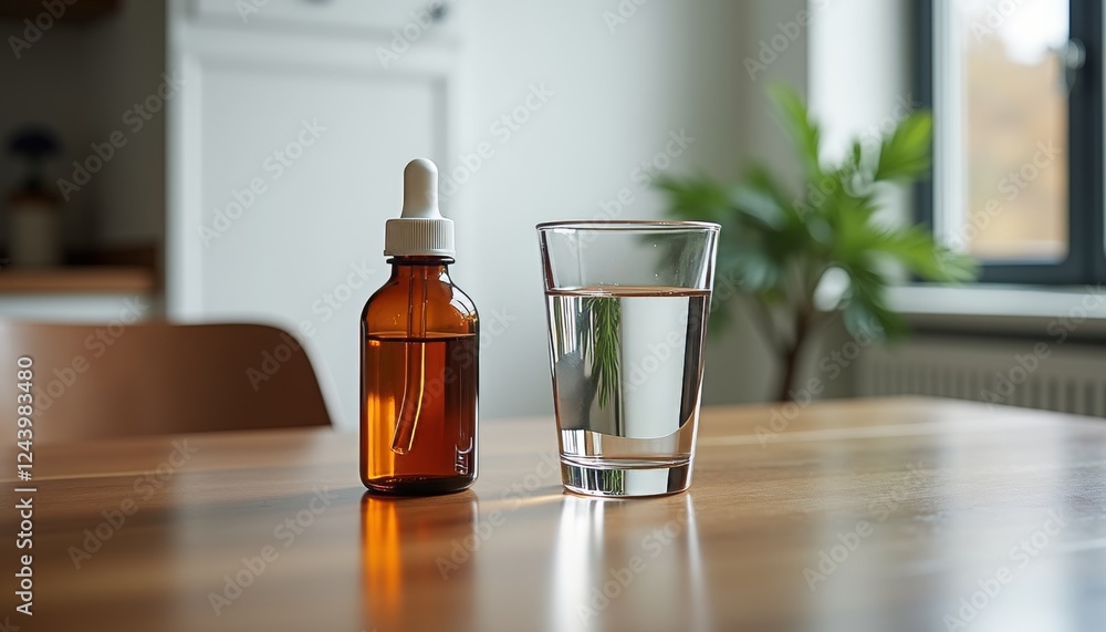 Cough syrup and glass of water on dining table, complementary treatment Cough syrup and glass of water on dining table, complementary treatment