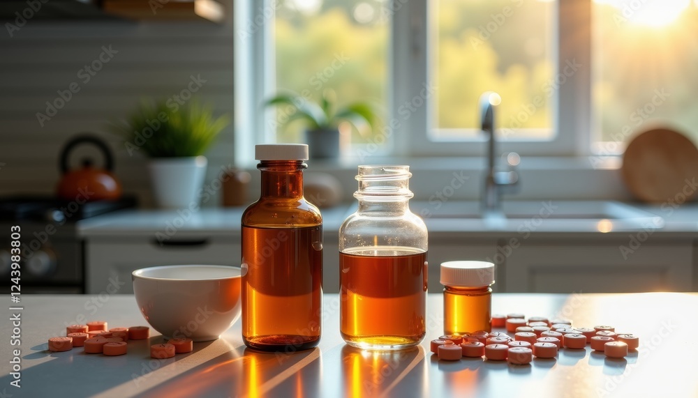 Bright cough syrup bottles on kitchen counter at sunrise, health remedy Bright cough syrup bottles on kitchen counter at sunrise, health remedy