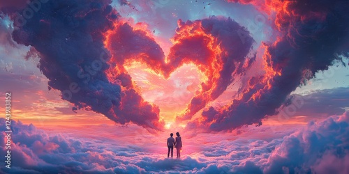 Fototapeta Naklejka Na Ścianę i Meble -  Couple standing on clouds under a heart-shaped sunset sky with vibrant glowing hues