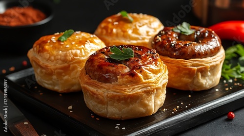 On a platter freshly prepared sausages buns with puff pastry crust are cooling on a isolated colorful bacdrop photo