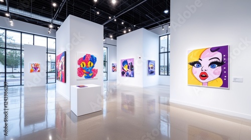 Modern Art Gallery Exhibit Featuring Vibrant Colorful Paintings and Pixel Art Portraits