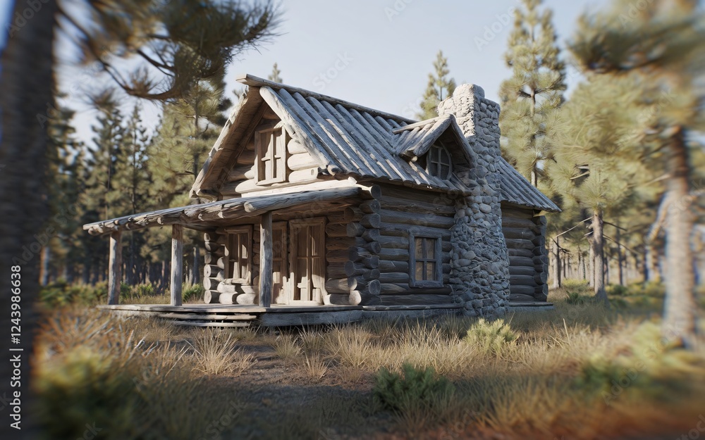 Cozy Rustic Log Cabin with Stone Chimney in Pine Forest Setting, A charming, rustic log cabin nestled deep within a tranquil pine forest Cozy Rustic Log Cabin with Stone Chimney in Pine Forest Setting, A charming, rustic log cabin nestled deep within a tranquil pine forest