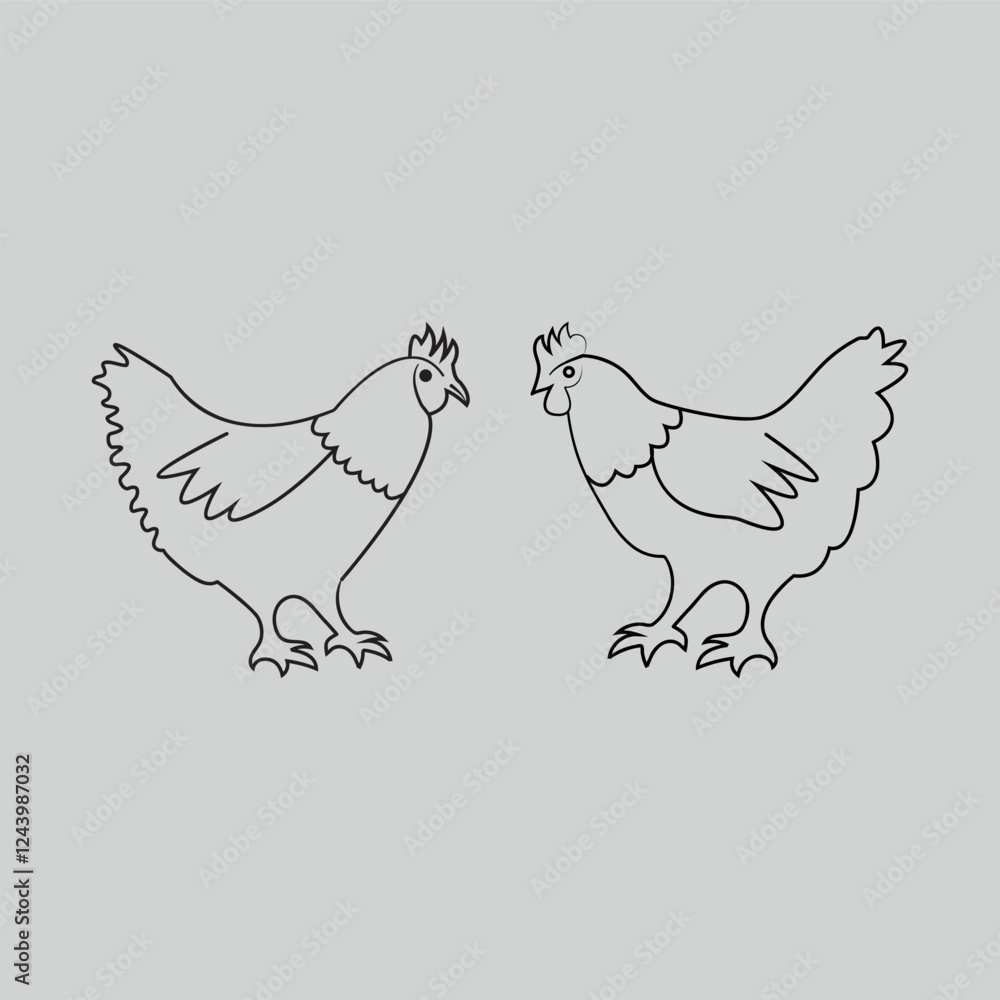 Fototapeta premium Pair of Chickens Line Art Hand-Drawn Design