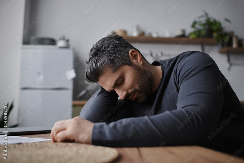 Thoughtful man resting on table in cozy indoor space with natural light Thoughtful man resting on table in cozy indoor space with natural light