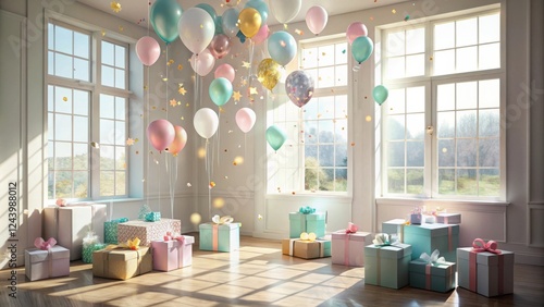 A sunlit room filled with pastel balloons and presents celebrating a joyous occasion