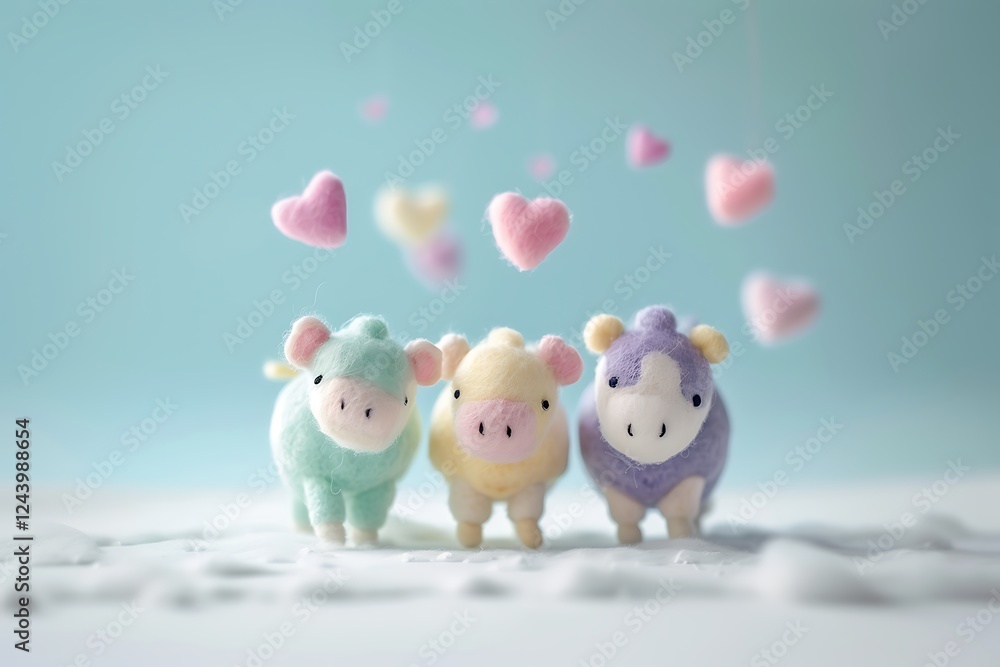 there are three stuffed animals standing in the snow with hearts flying around there are three stuffed animals standing in the snow with hearts flying around