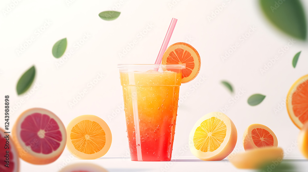 Fototapeta premium A refreshing fruit drink in a clear cup, surrounded by vibrant citrus slices and leaves, evoking a sunny, summery vibe.