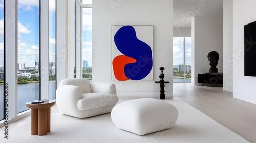 Modern White Apartment Living Room with Blue and Orange Abstract Art