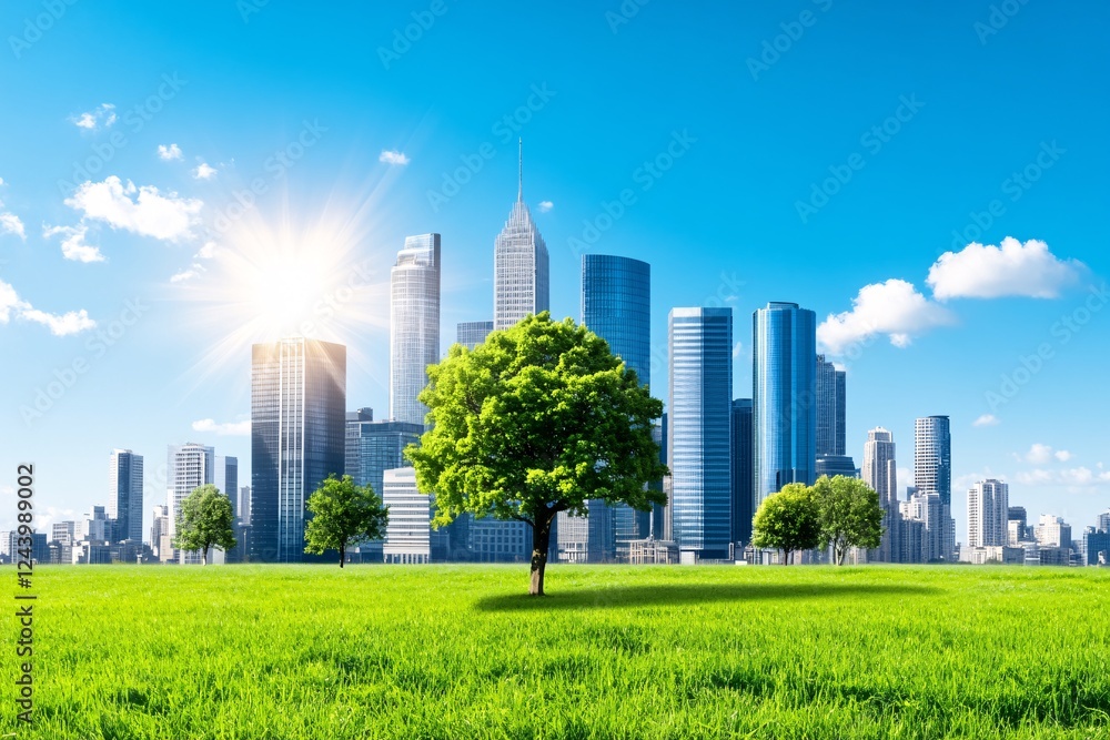Obraz premium A city with a tree in the middle of a field