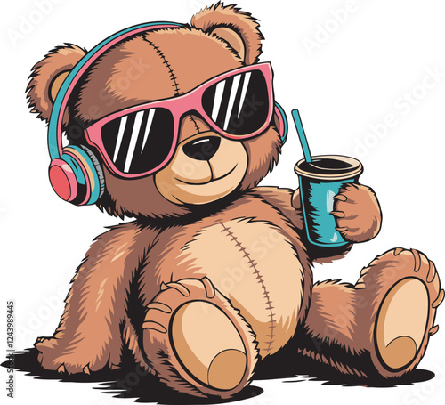 Cool teddy bear holding a glass and wearing glasses and headphone