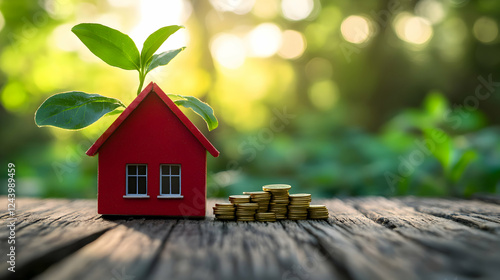 Wallpaper Mural red miniature model house next to young plant and gold coins - house buying - real estate, property, home, purchase, mortgage, investment, growth Torontodigital.ca