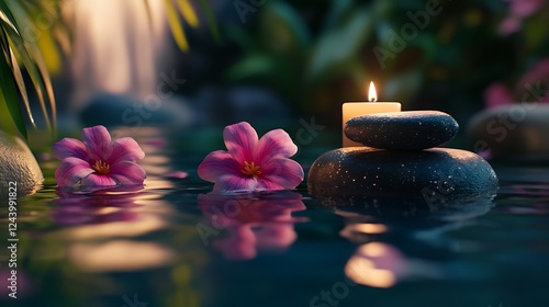 there are three stones with flowers and a candle in the water