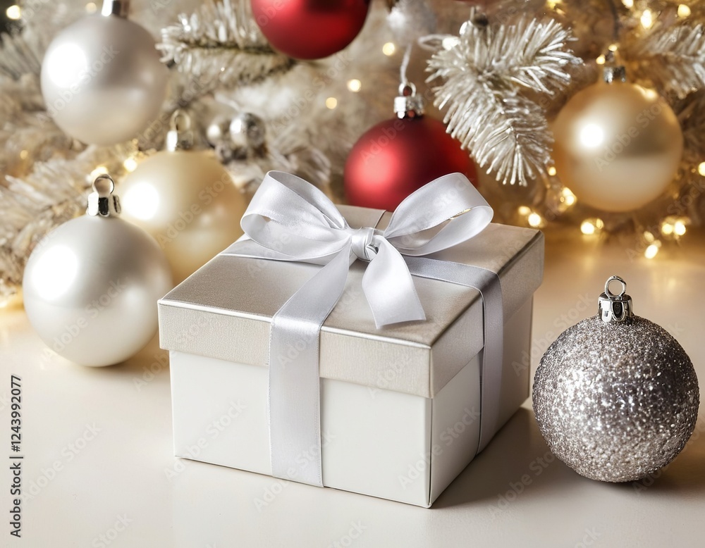 A beautifully wrapped white gift box with a silver ribbon, surrounded by festive ornaments. A beautifully wrapped white gift box with a silver ribbon, surrounded by festive ornaments.
